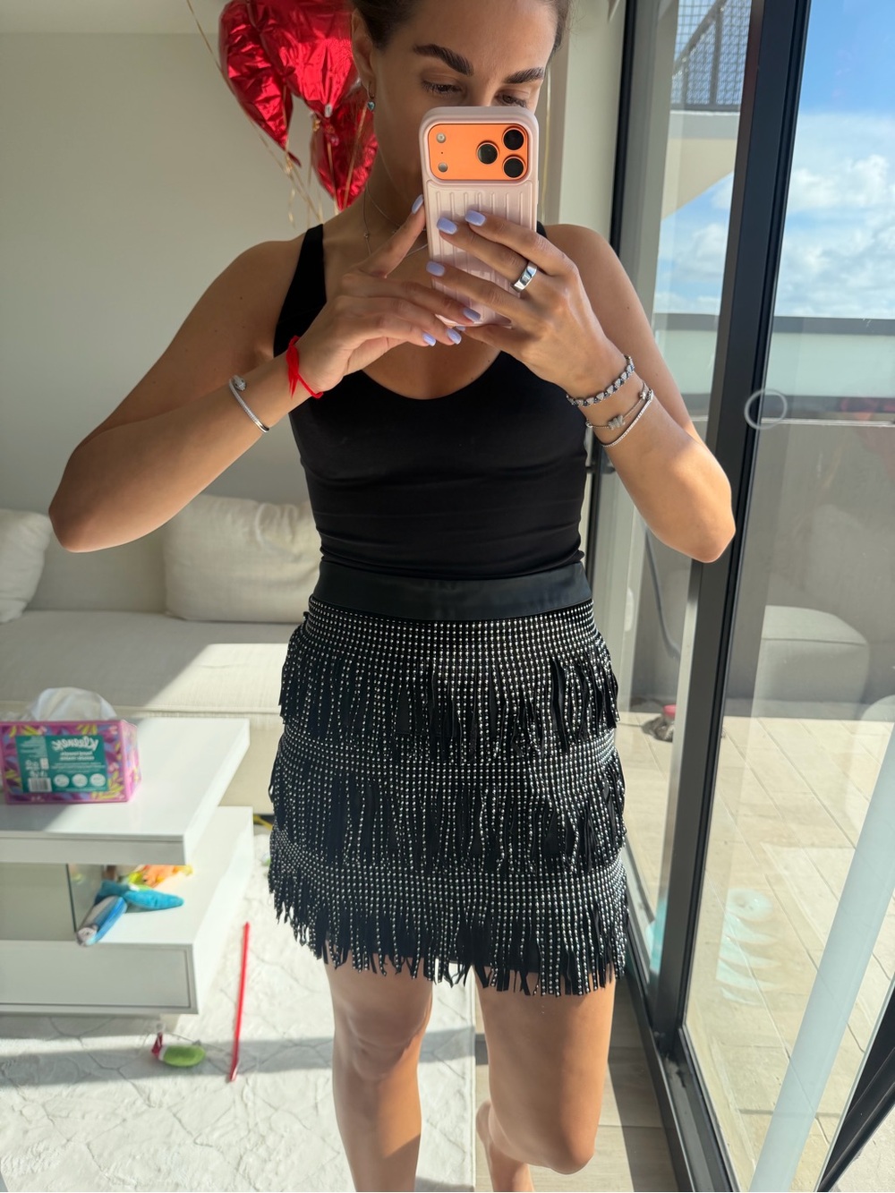 Black Fringe Mini Skirt with Beaded Detail - Women's